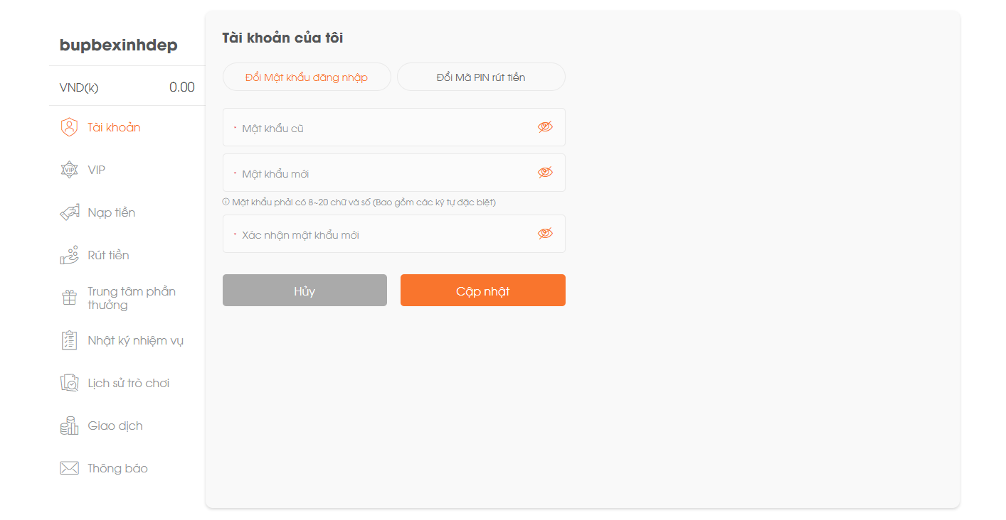 Hướng dẫn đổi mật khẩu tài khoản GA6789